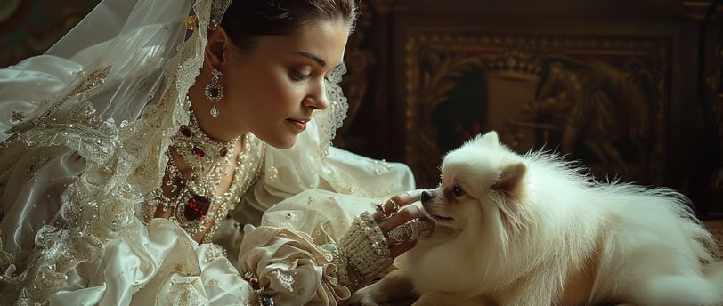 Young Queen Victoria looking at her white Pomeranian while petting the beautiful small dog