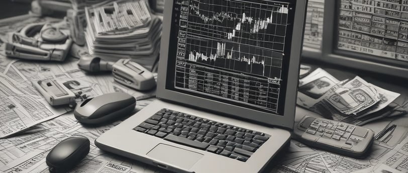 A hand is holding a smartphone that displays a stock market chart with various candlestick patterns and horizontal lines. The phone is held against a textured fabric background, which appears to be a sofa or carpet.