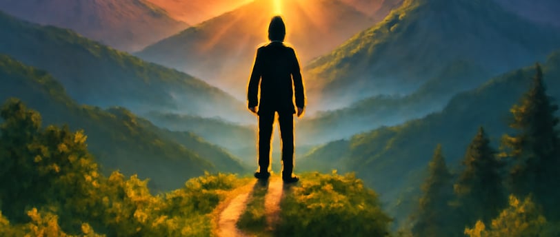 a man standing on a path with a mountain in the background