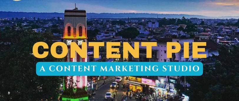 Dehradun cityscape with clock tower in the foreground with text Content Pie Studio