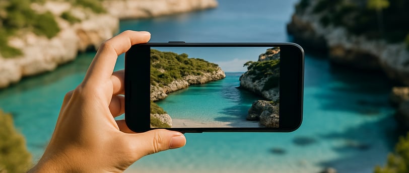 Mano sosteniendo un móvil capturando una vista de aguas turquesas y acantilados en Mallorca – Maiorca Unlocked.