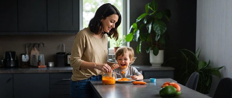 Mãe sorridente preparando papinha com cenoura e iogurte para o filho de 4 anos