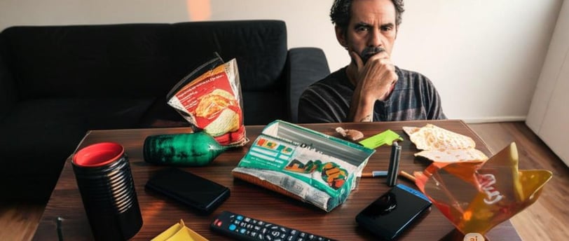 Pessoa preocupada olhando para itens como salgadinhos, refrigerante e celular, simbolizando hábitos 