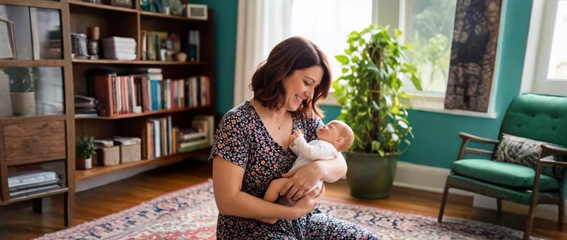 Mulher sorridente embalando seu Bebê Reborn em uma sala iluminada