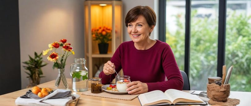 Mulher madura sorridente desfrutando de café da manhã saudável com iogurte, frutas e chá, simbolizan