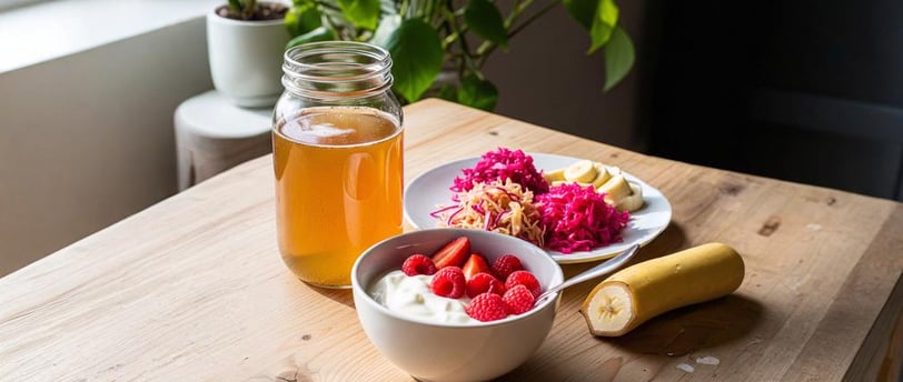 Mesa com alimentos fermentados, incluindo kombucha, iogurte natural com frutas vermelhas, chucrute e