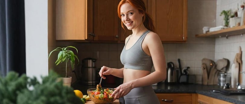 Mulher sorridente preparando café da manhã com abacate e chá verde, sentindo-se mais firme
