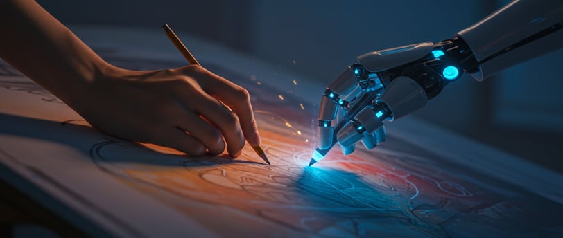 a person's hand holding a pencil and drawing a robot