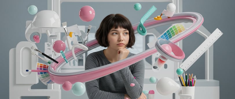 a woman sitting at a desk with a lot of colorful objects