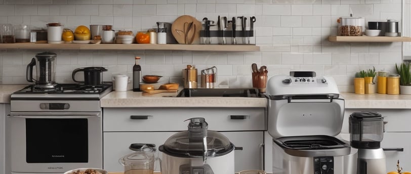 A modern kitchen countertop features a glass electric kettle with a stainless steel base, filled partially with water. Nearby, a white container holds several metallic cooking utensils such as spatulas and ladles. In the background, a microwave oven and other kitchen appliances are slightly blurred.