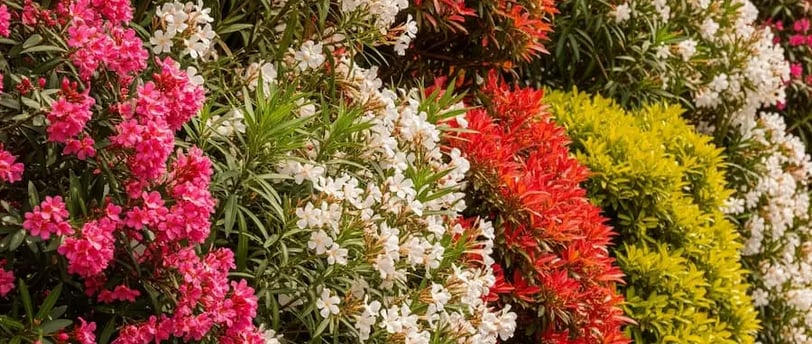 Seto alto y florido con flores de color rosa y blanco en un jardín de verano.