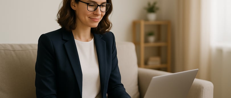 a woman sitting on a couch with a laptop