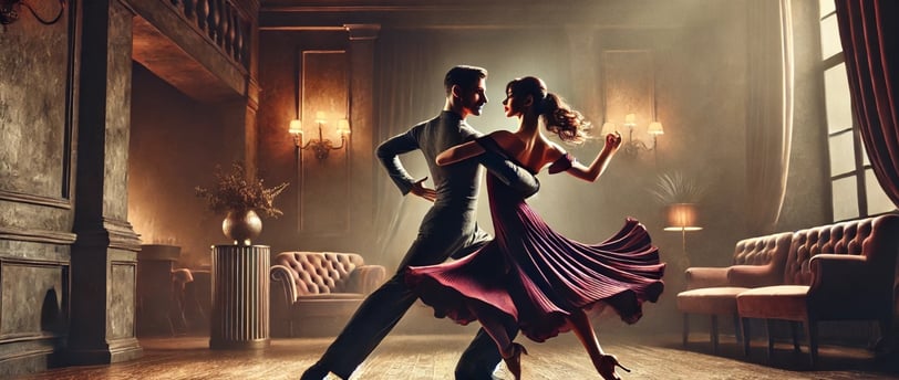 a couple dancing in a room with a couch and a chair