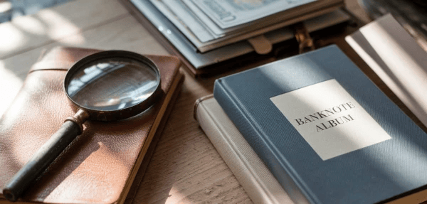 Banknote Album and Magnifying Glass
