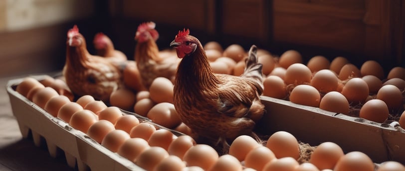 a group of chickens standing in a row of eggshells