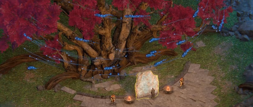 Ancient red tree with glowing blue energy surrounding a mystical stone tablet in a fantasy RPG setti