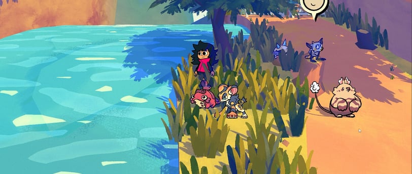 A colorful scene from Beastieball featuring a coach exploring nature with their beastie companions.