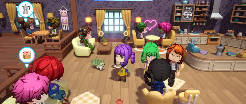 Colorful café scene with chibi characters, fantasy creatures, and a cozy, vibrant atmosphere.