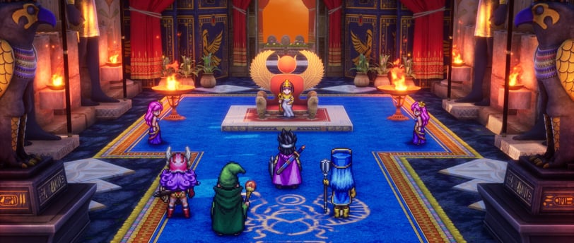 A royal audience scene in DRAGON QUEST III HD-2D Remake, featuring vibrant pixel art.