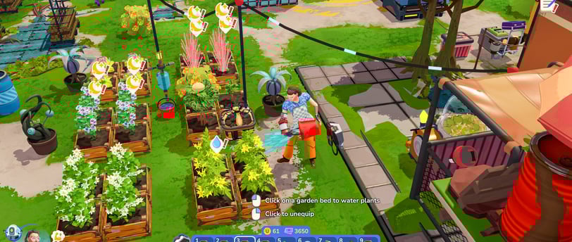 A character waters crops in a lush rooftop garden in I Am Future, blending survival and farming.