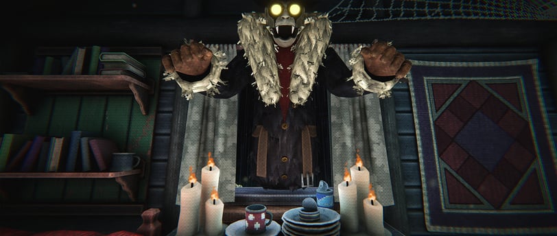 A terrifying figure with glowing eyes looms over a candlelit table in a dimly lit cabin.