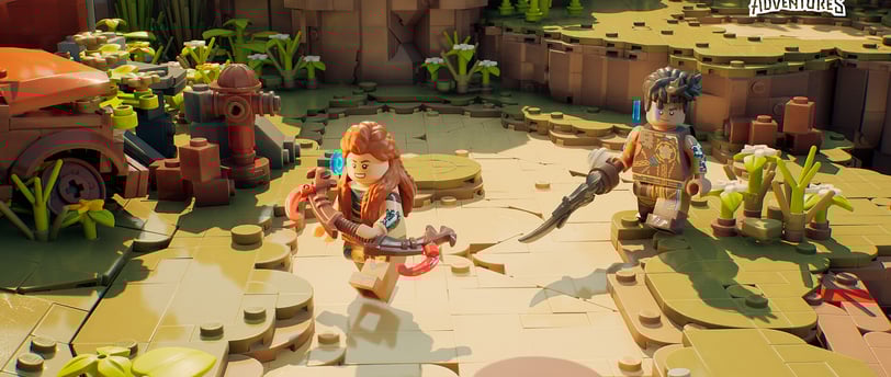 LEGO Aloy and a companion explore a vibrant brick-built world in LEGO Horizon Adventures.