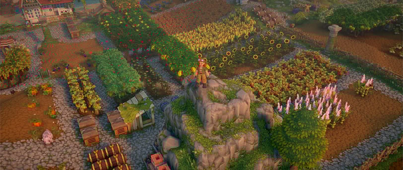 Lush farmland with vibrant crops, a small cottage, and a character standing atop a rocky hill.