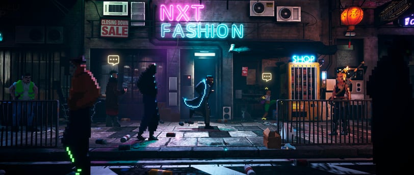 Cyberpunk city street with neon lights, pixel art characters, and a futuristic atmosphere.