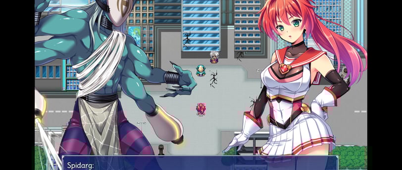 Anime-inspired RPG scene with a magical girl and a monstrous foe in a futuristic city battle.