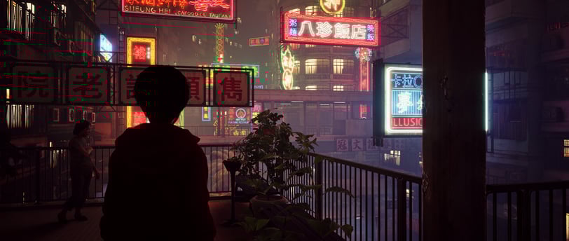 A silhouetted figure overlooks a neon-lit cityscape in Slitterhead, evoking a dark, eerie atmosphere
