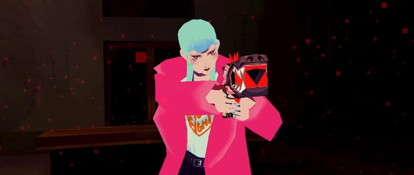 A stylish protagonist in a pink coat aims a demonic gun in the eerie world of *Sorry, We’re Closed*.