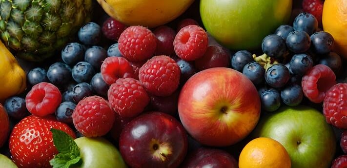 a bunch of fruit and vegetables on a table as synonym for healthy life