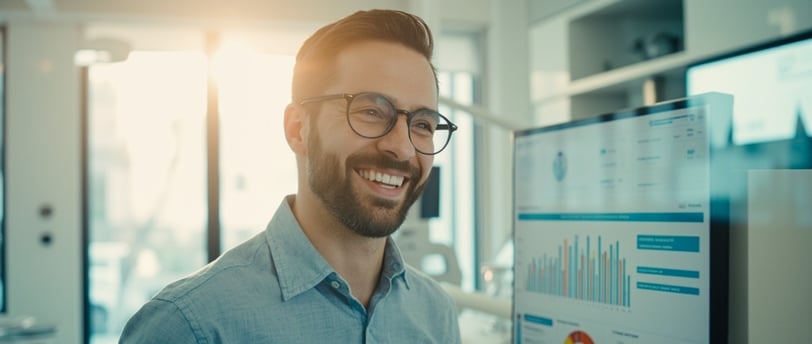 Happy Dentist seeing the results of how his dental clinic stands out from competition