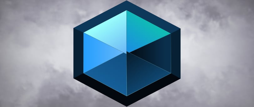a blue and white hexagonic cube with a blue and green background