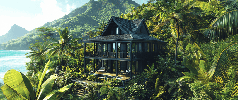 Vue d’une villa de luxe en Guadeloupe avec piscine à débordement avec une vue plongeante sur la mer des caraibes, au coeur d’