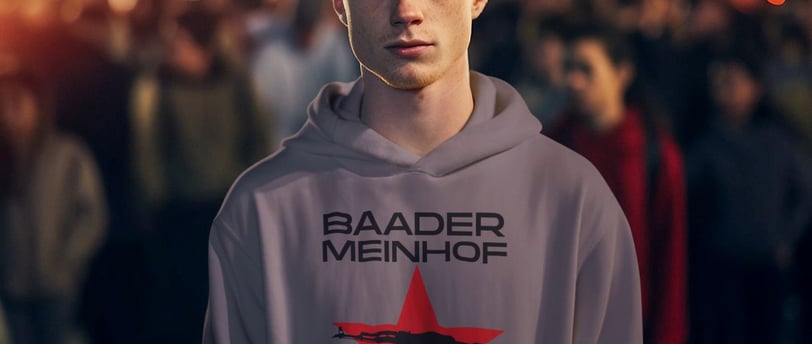 youth wearing clickncollecte hoodie with baader meinhof design