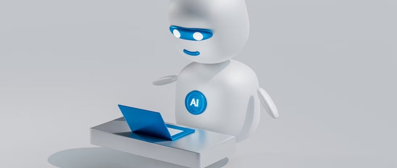 Little white robot with AI button on tummy, smiling at laptop