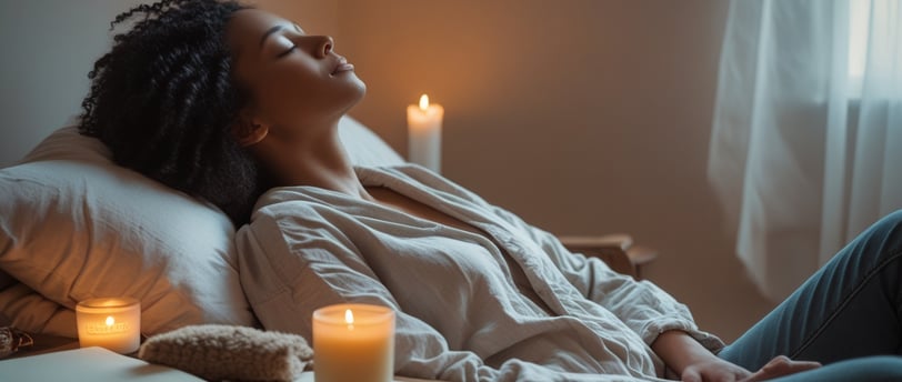 a woman in a robe is laying on a bed