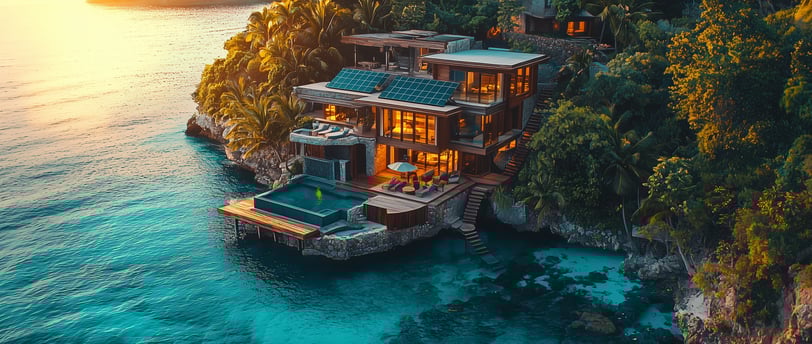 Vue d’un éco-resort de luxe intégré à la nature tropicale des Caraïbes, incarnant un tourisme durable et haut de gamme