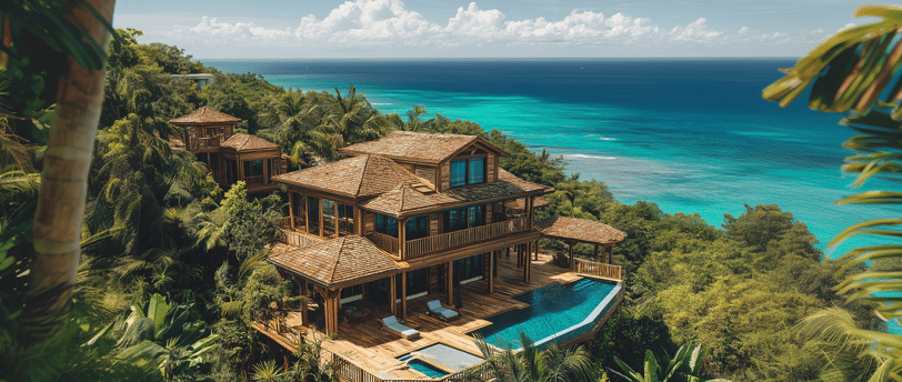 Vue aérienne d’un éco-resort de luxe en Guadeloupe avec villa principale en architecture créole, bungalows indépendants avec