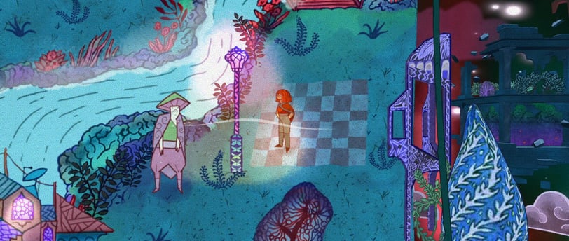 Hand-drawn fantasy landscape with a female character exploring a mystical, colorful world.