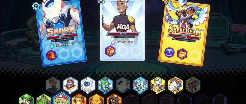 Colorful character selection screen from *Dimensionals*, featuring heroes with unique abilities.