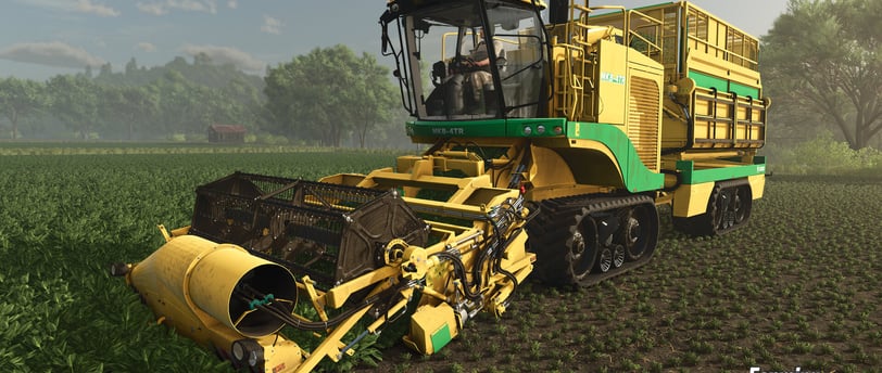 A modern harvester working in a lush green field in Farming Simulator 25, showcasing realism.