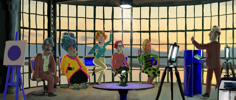 A group of eccentric characters gathers in a sunlit room, deep in discussion over a mystery.