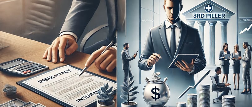 Voici une nouvelle illustration réaliste, sans texte, montrant les deux options du 3ème pilier : l'assurance et la banque, av