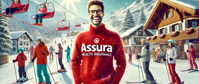 illustration d'une personne heureuse portant un pull avec le logo Assura en rouge, profitant d'une journée ensoleillée à la n