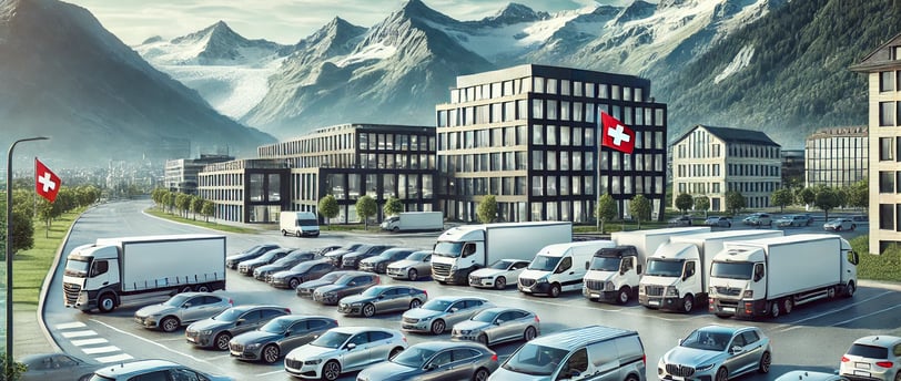 image d'une flotte de véhicules professionnels devant un bâtiment moderne en Suisse, avec des montagnes en arrière-plan et un