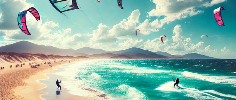 Voici une illustration représentant une scène vibrante de kitesurf. Elle montre un kitesurfeur glissant sur les vagues sous u