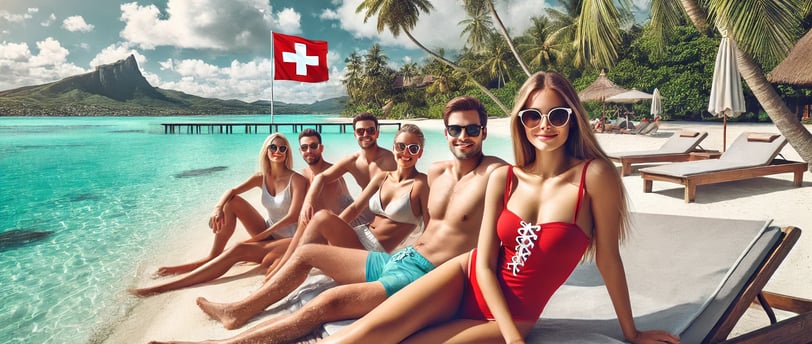 'image montrant des touristes suisses profitant de leurs vacances à Maurice, dans un cadre magnifique et tropical.