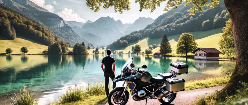 Voici une autre illustration, montrant un motard suisse stationné près d’un lac paisible, entouré de verdure et de montagnes